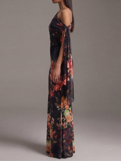 Elegant Black Floral Maxi Dress for Women with One Shoulder Draped Sash Column Flowing Style