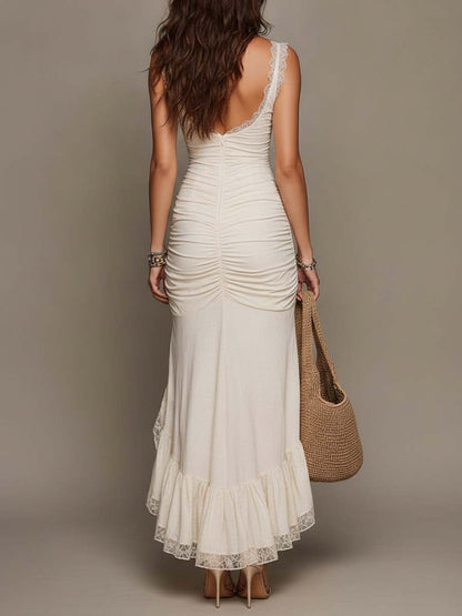 Elegant Beige Ruched Maxi Dress for Women with Plunge Neck High Slit Formal Wedding Guest Style