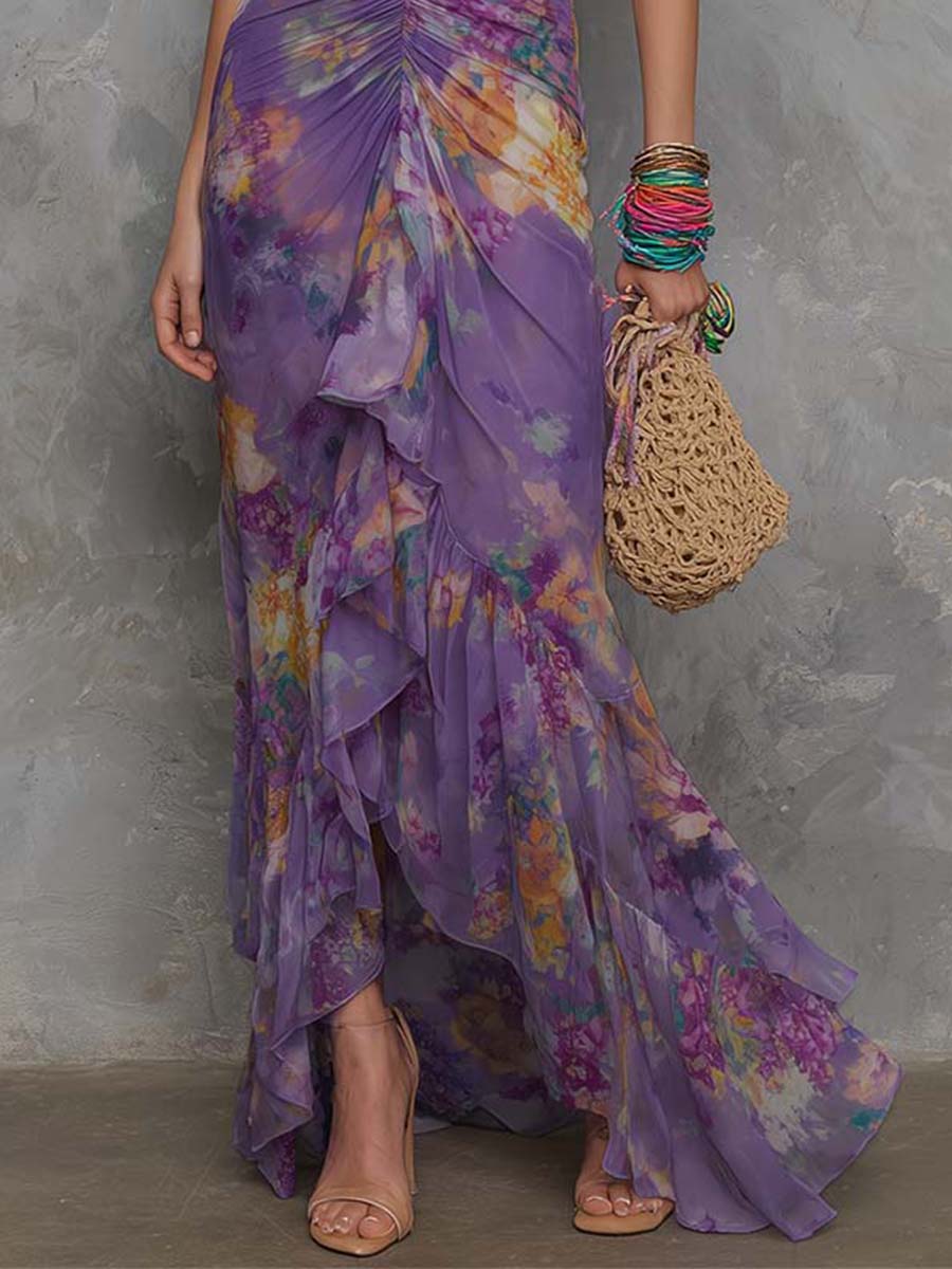 Elegant Purple Floral Maxi Dress for Women with Halter Neck Sleeveless Ruffle Slit Flowing Formal Wedding Guest Style