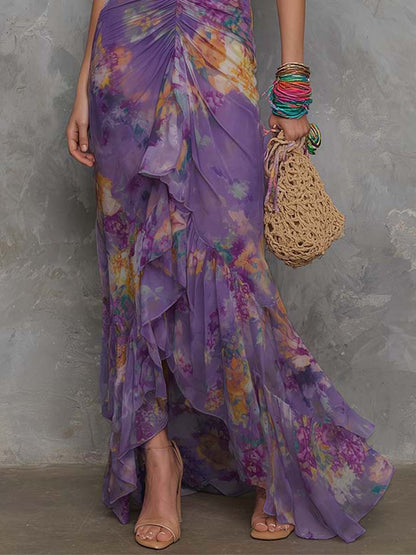 Elegant Purple Floral Maxi Dress for Women with Halter Neck Sleeveless Ruffle Slit Flowing Formal Wedding Guest Style