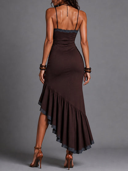Stylish Brown Maxi Dress for Women with Spaghetti Strap Sweetheart Neck Ruffle High Slit Formal Wedding Guest Style
