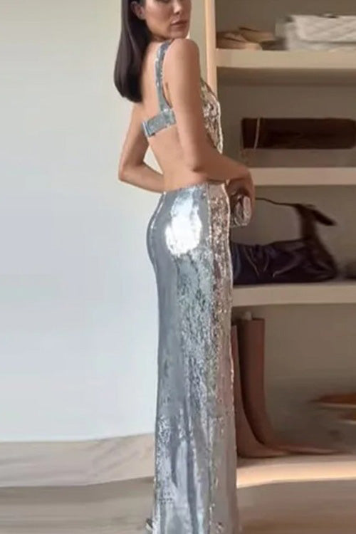 Stylish Sequin Maxi Dress for Women with Spaghetti Strap Open Back Bodycon Floor Length Style