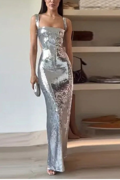 Stylish Sequin Maxi Dress for Women with Spaghetti Strap Open Back Bodycon Floor Length Style