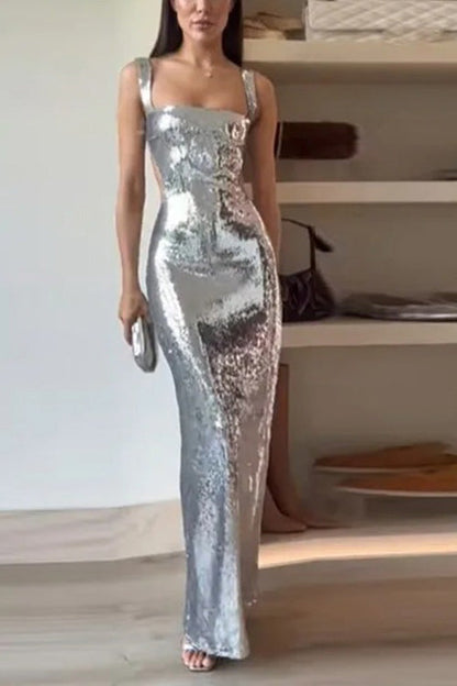 Stylish Sequin Maxi Dress for Women with Spaghetti Strap Open Back Bodycon Floor Length Style