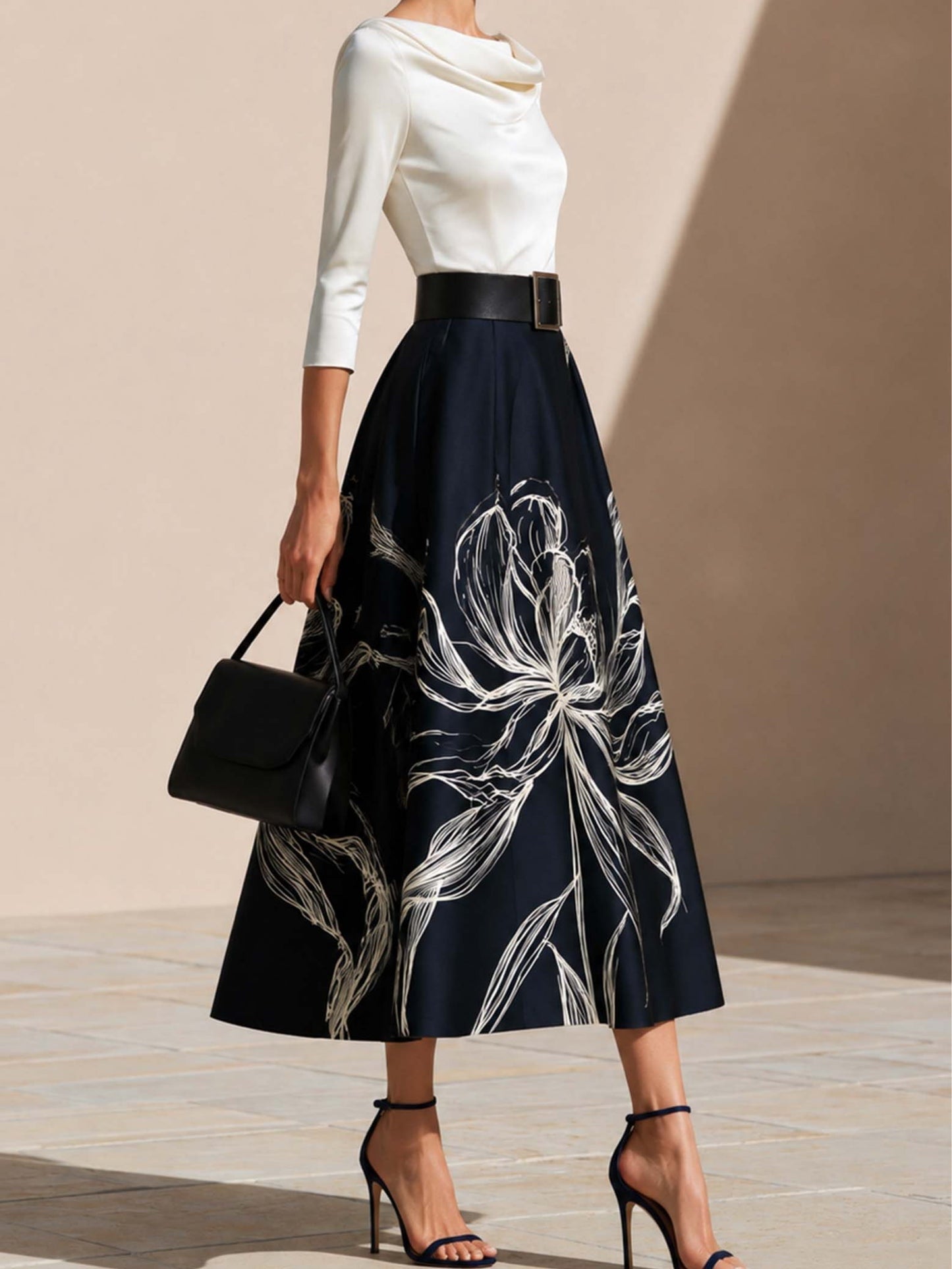 Elegant Navy Floral Midi Skirt for Women with Full Pleated A Line Style
