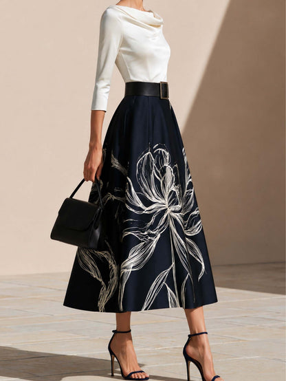 Elegant Navy Floral Midi Skirt for Women with Full Pleated A Line Style
