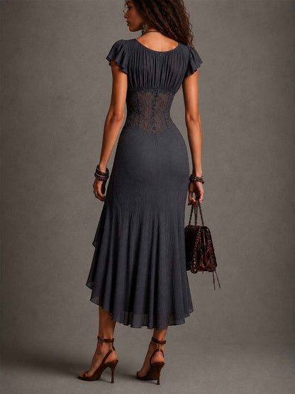 Elegant Dark Grey Lace Midi Dress for Women with V Neck Cap Sleeve Corset Ruffle High Slit Cocktail Style