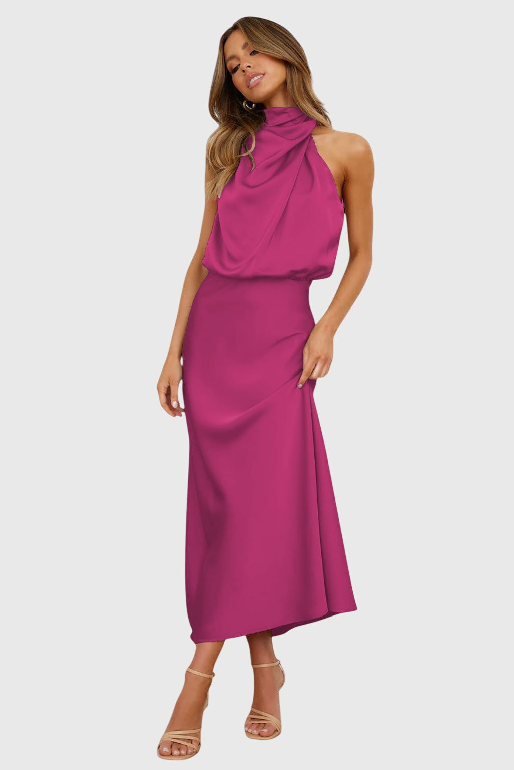 Elegant Satin Maxi Dress for Women with Halter Neck Cowl Draped Sleeveless Formal Wedding Guest Style