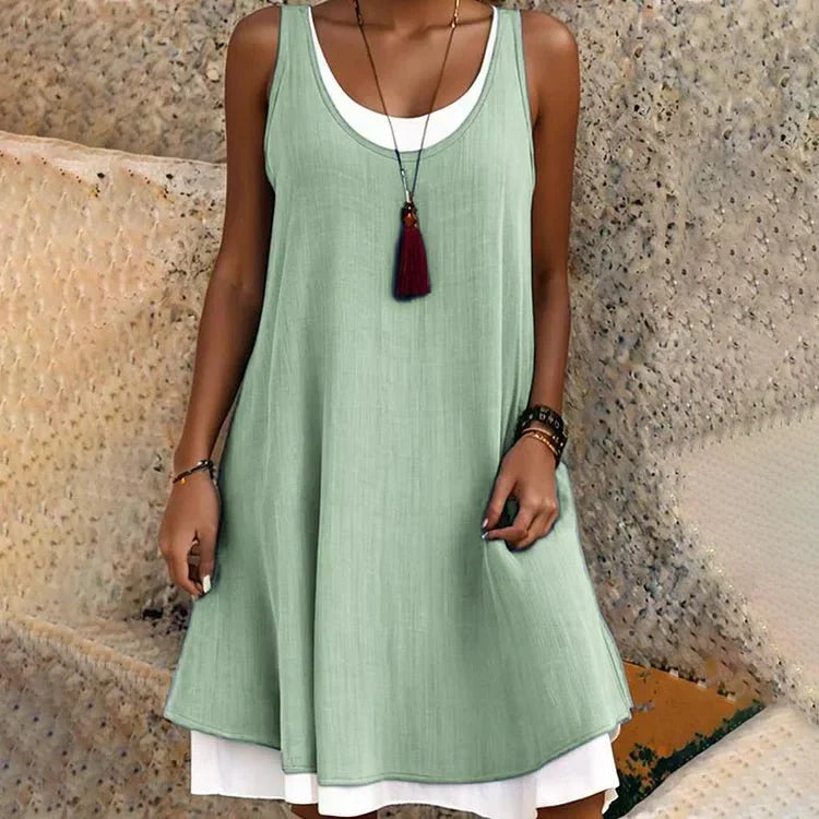 Effortless Layered Tank Dress for Women with Scoop Neck Sleeveless Swing Flowing Casual Style