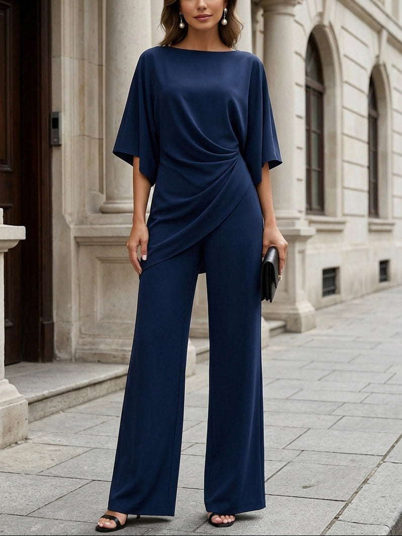 Elegant Navy Wide Leg Jumpsuit for Women with Batwing Sleeve Draped Waist Formal Style