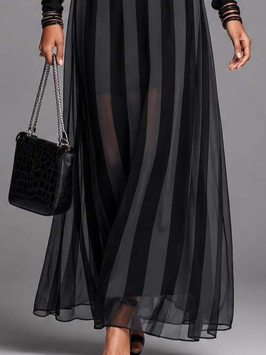 Elegant Black Lace Maxi Dress for Women with Long Sleeve Sheer Panel Formal Wedding Guest Style