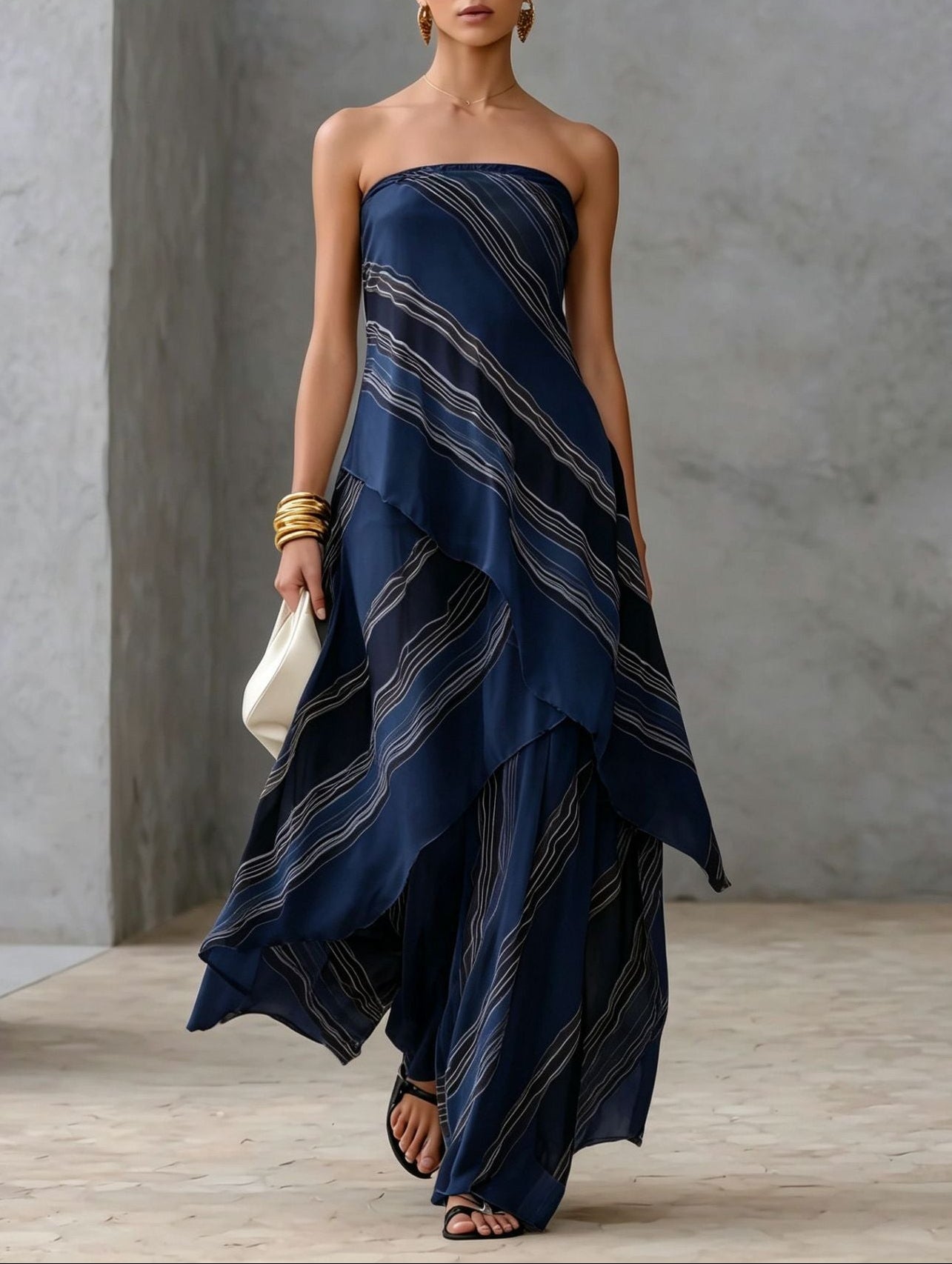 Effortless Striped Maxi Dress for Women with Strapless Straight Neck Tiered Layered Flowing Formal Wedding Guest Style