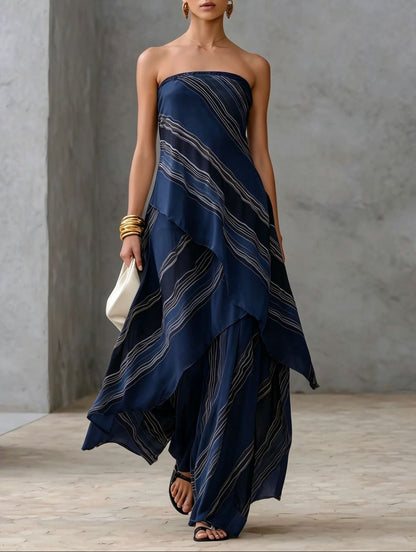 Effortless Striped Maxi Dress for Women with Strapless Straight Neck Tiered Layered Flowing Formal Wedding Guest Style