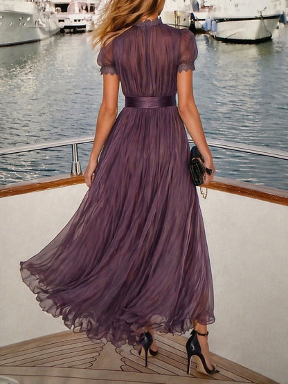 Elegant Chiffon Maxi Dress for Women with High Neck Puff Sleeve Keyhole Flowing Wedding Guest Style
