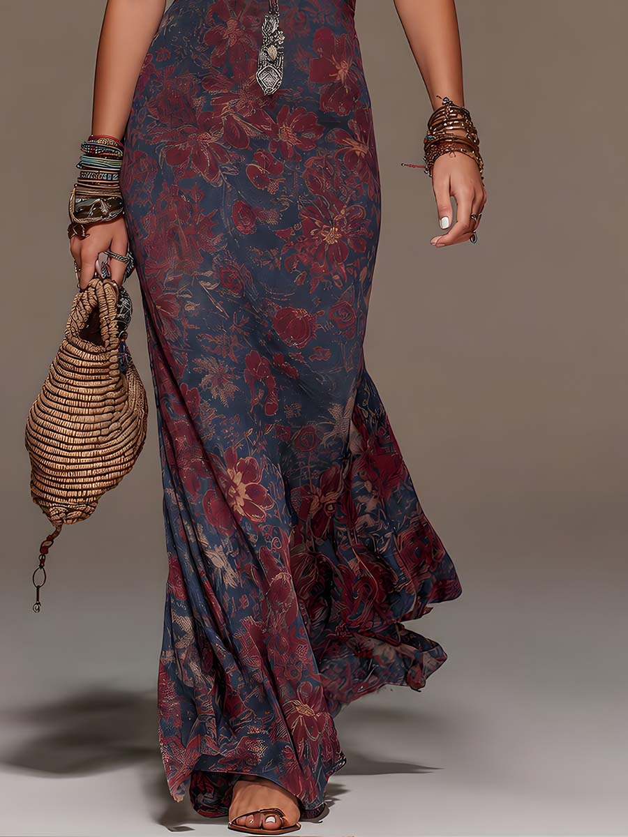 Effortless Navy Floral Maxi Dress for Women with Halter Lace Neck Backless Mermaid Bohemian Style