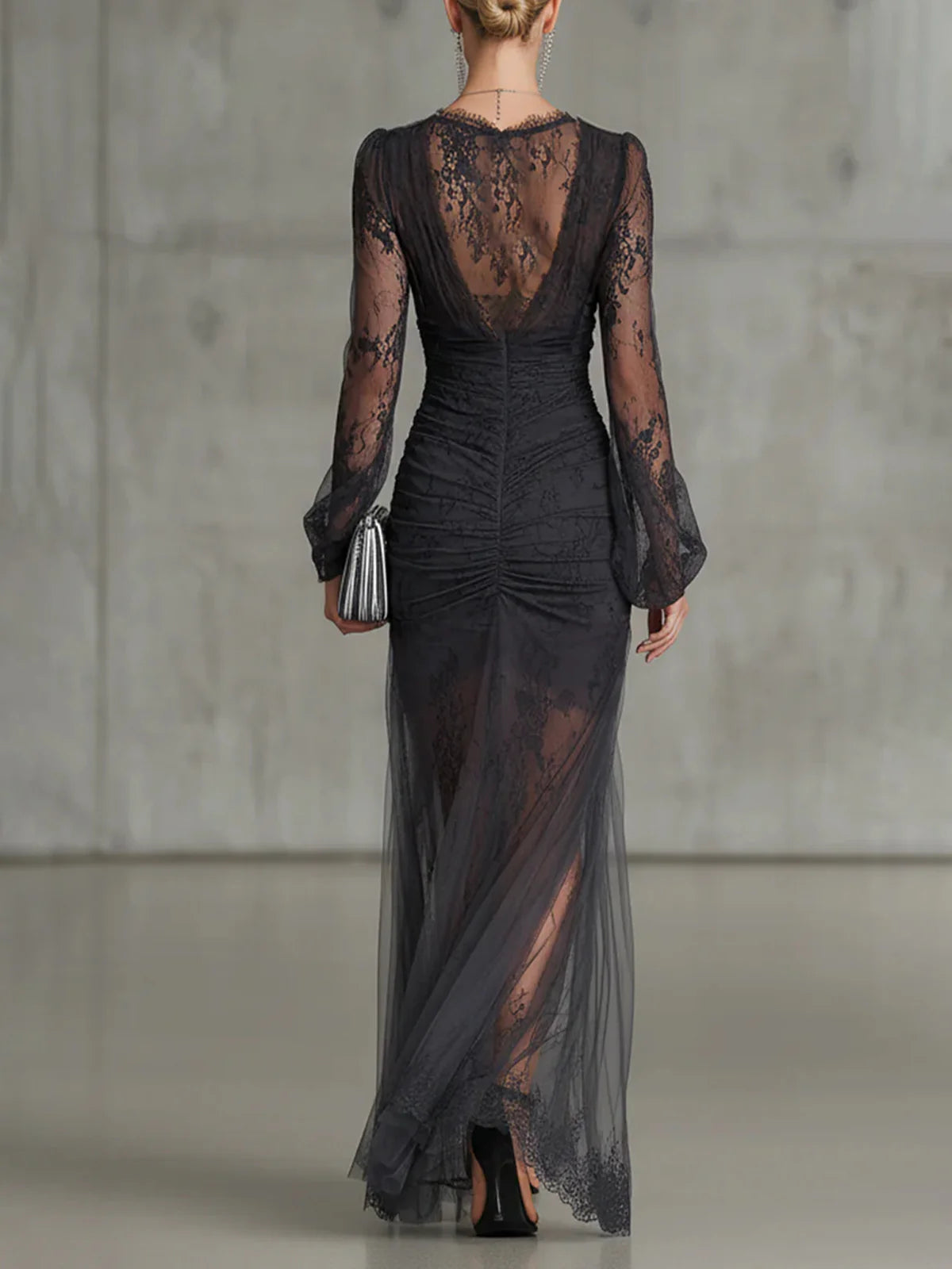 Elegant Dark Grey Lace Maxi Dress for Women with V Neck Long Sleeve High Slit Ruched Formal Wedding Guest Style