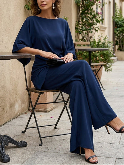 Elegant Navy Wide Leg Jumpsuit for Women with Batwing Sleeve Draped Waist Formal Style