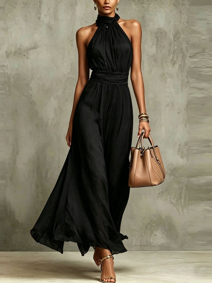 Elegant Halter Maxi Dress for Women with Pleated Chiffon Flowing Skirt Formal Wedding Guest Style