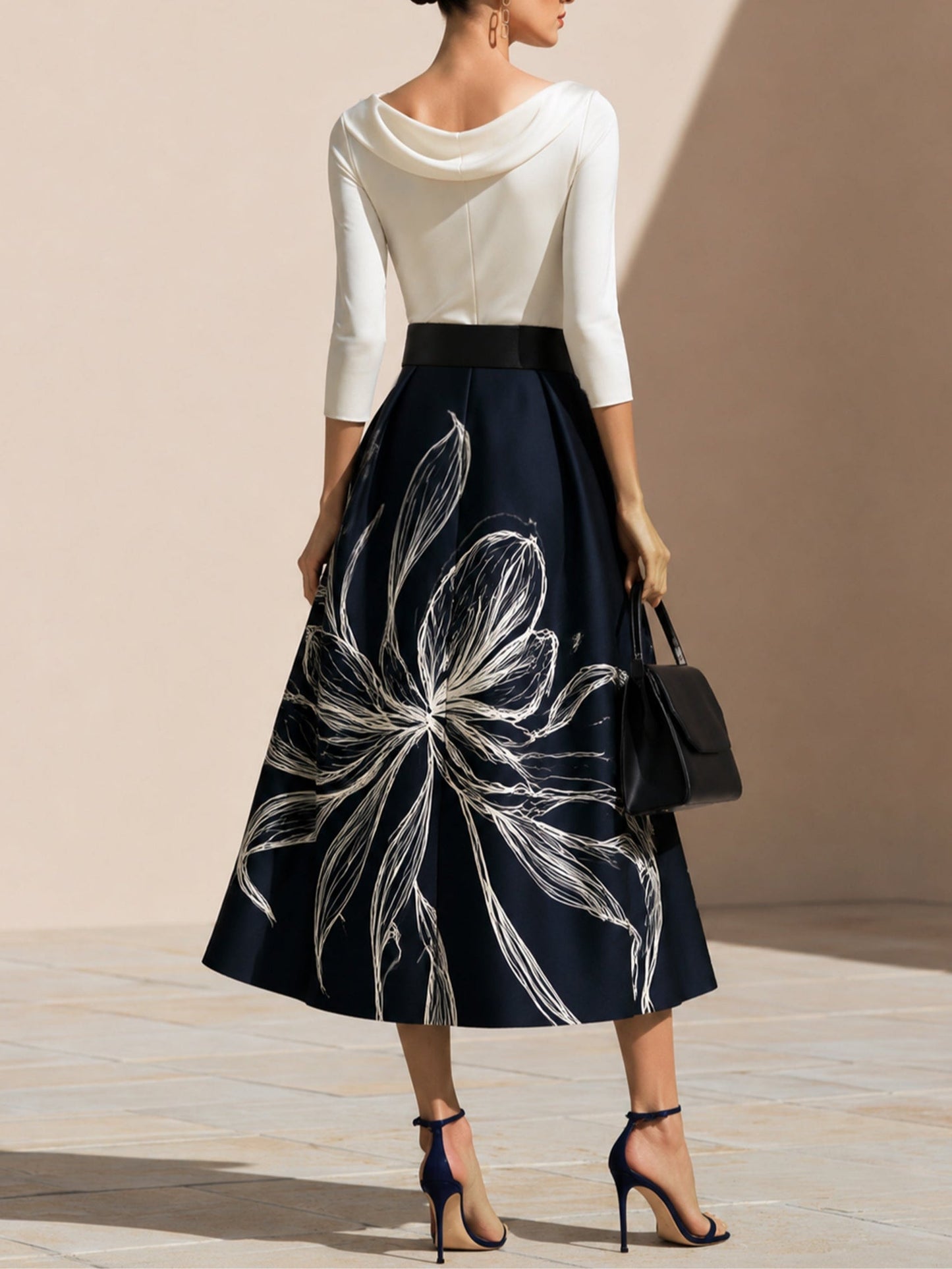 Elegant Navy Floral Midi Skirt for Women with Full Pleated A Line Style