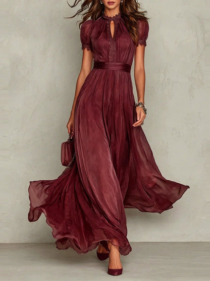 Elegant Chiffon Maxi Dress for Women with High Neck Puff Sleeve Keyhole Flowing Wedding Guest Style