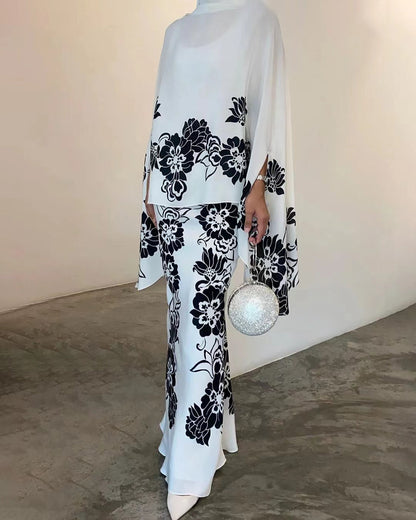 Effortless Printed Satin Maxi Dress for Women with Batwing Sleeve Floor Length Kimono Style