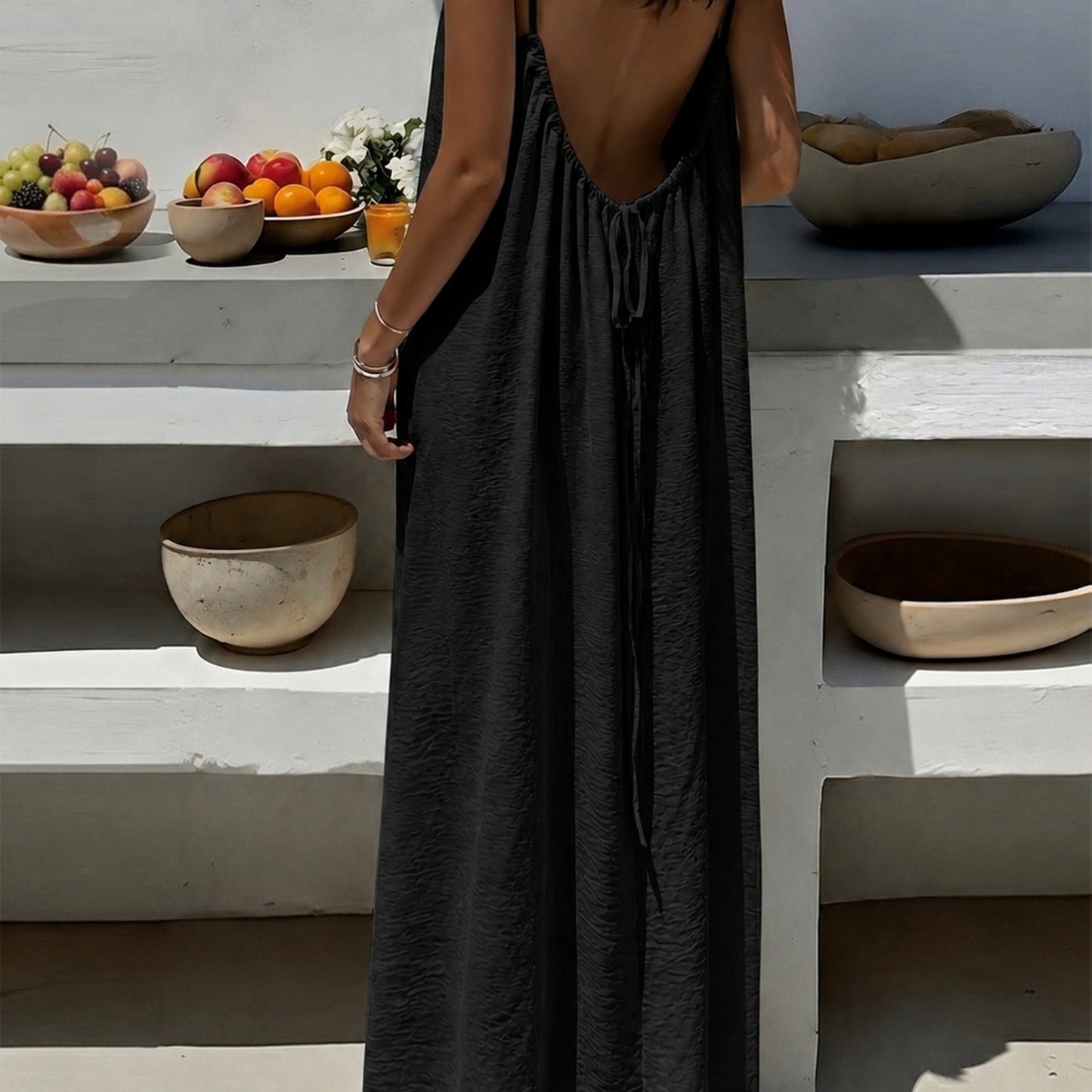 Effortless Crinkled Maxi Dress for Women with Scoop Back Spaghetti Strap Drawstring Flowing Bohemian Style