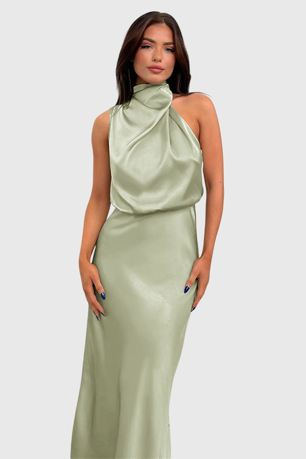 Elegant Satin Maxi Dress for Women with Halter Neck Cowl Draped Sleeveless Formal Wedding Guest Style