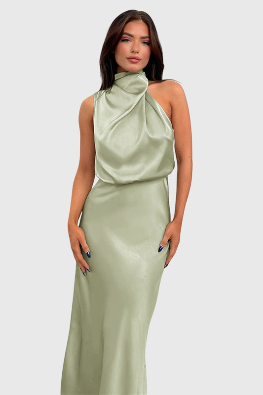 Elegant Satin Maxi Dress for Women with Halter Neck Cowl Draped Sleeveless Formal Wedding Guest Style