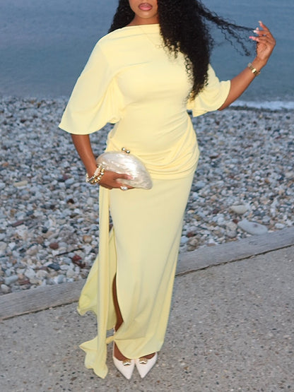 Elegant Yellow Maxi Dress for Women with High Neck Batwing Sleeve Backless Ruched Side Slit Formal Party Style