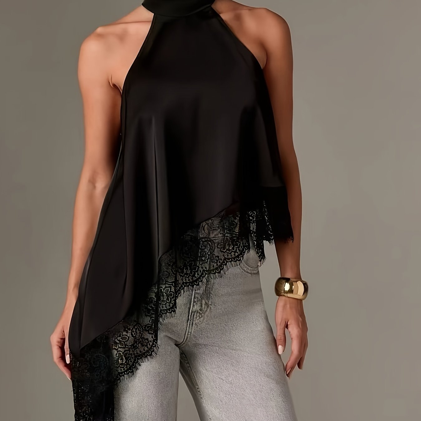 Elegant Satin Lace Trim Blouse for Women with Halter Neck Sleeveless Asymmetric Hem Silky Style