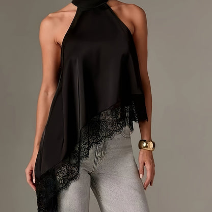 Elegant Satin Lace Trim Blouse for Women with Halter Neck Sleeveless Asymmetric Hem Silky Style
