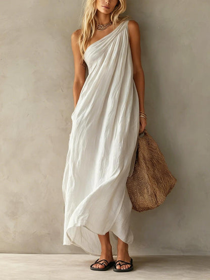 Effortless Draped Maxi Dress for Women with One Shoulder Sleeveless Ruched Flowing Bohemian Style