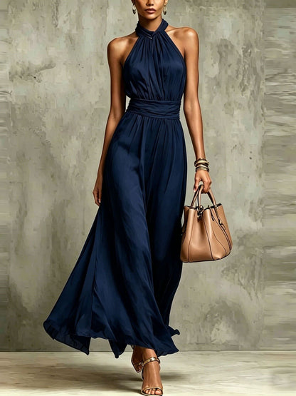 Elegant Halter Maxi Dress for Women with Pleated Chiffon Flowing Skirt Formal Wedding Guest Style