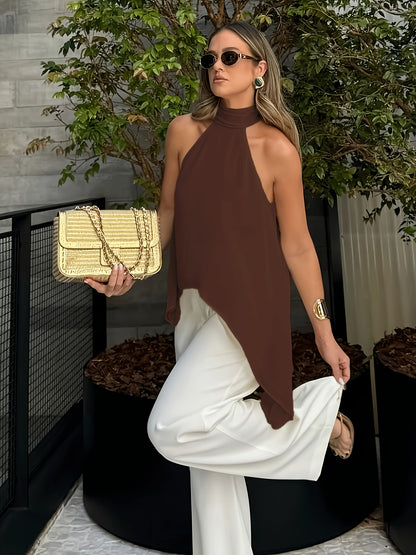 Effortless Chiffon Halter Top for Women with High Neck Sleeveless Flowing Asymmetrical Hem Style