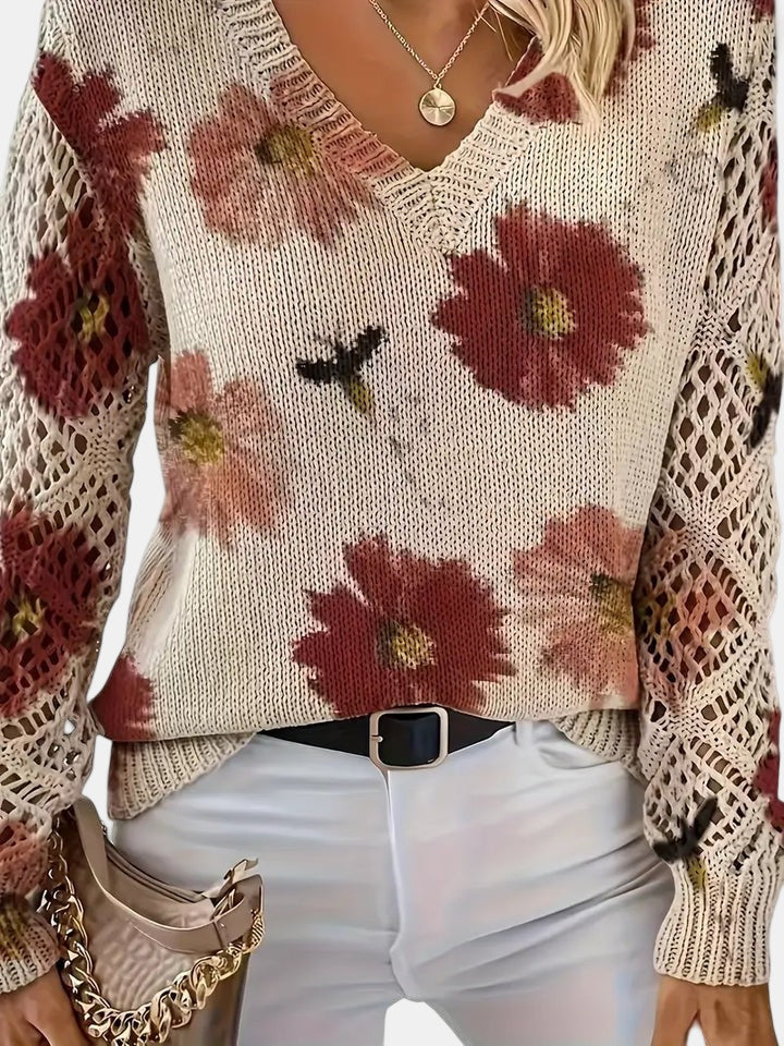 Comfortable Floral Print Sweater for Women with V Neck Long Sleeve Crochet Lace Oversized Knit Style