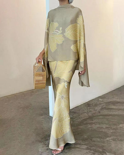 Effortless Printed Satin Maxi Dress for Women with Batwing Sleeve Floor Length Kimono Style