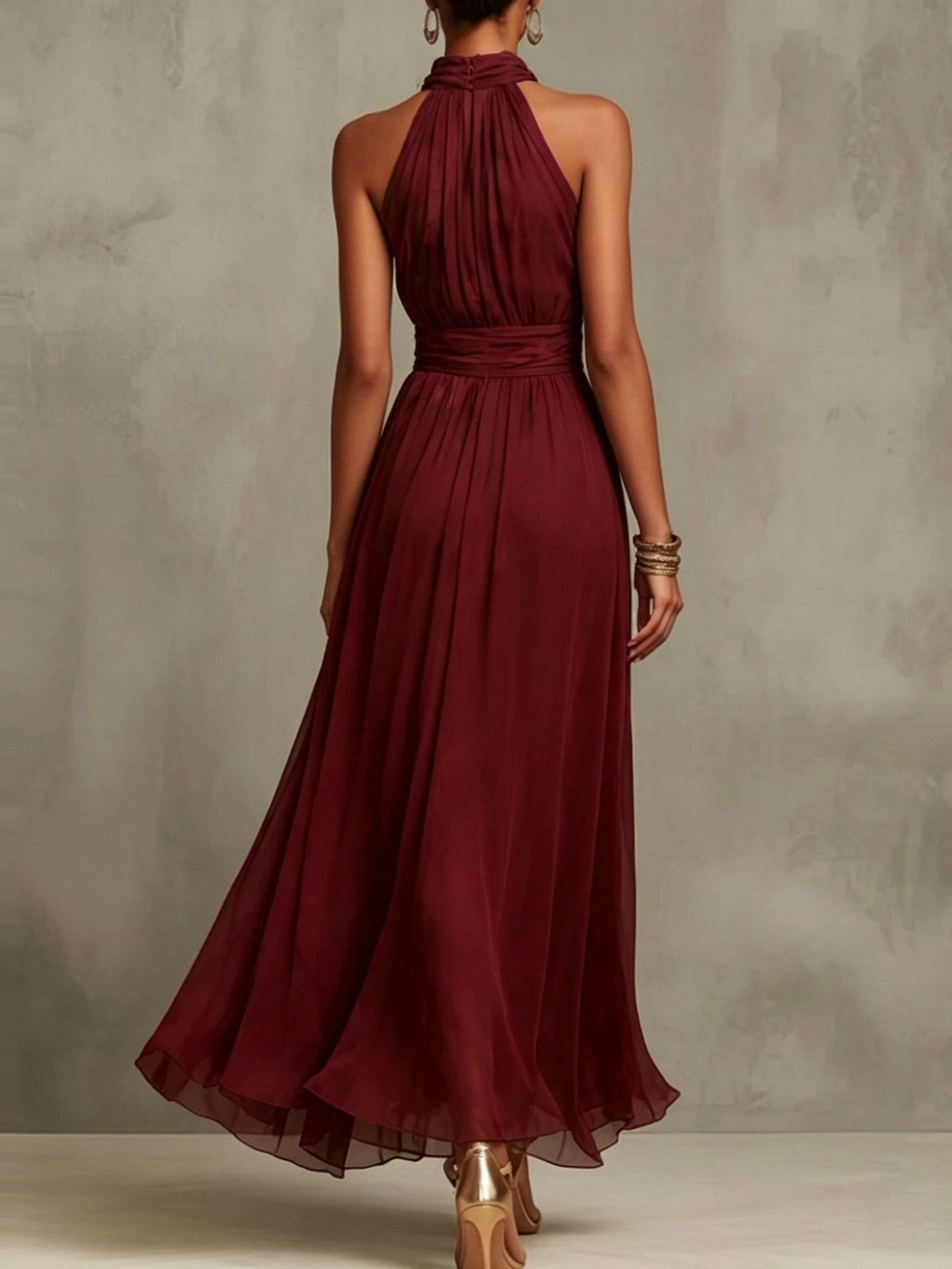 Elegant Halter Maxi Dress for Women with Pleated Chiffon Flowing Skirt Formal Wedding Guest Style