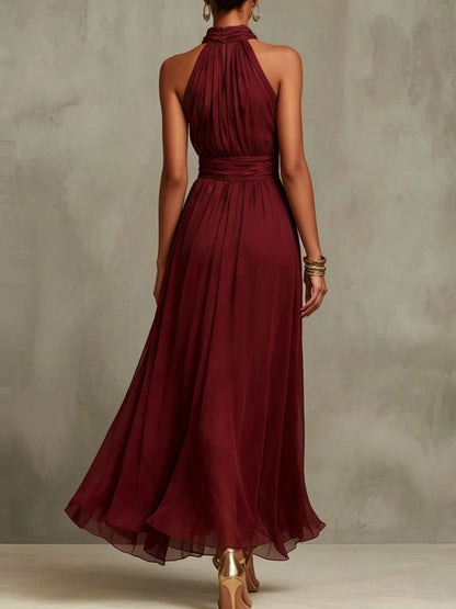 Elegant Halter Maxi Dress for Women with Pleated Chiffon Flowing Skirt Formal Wedding Guest Style