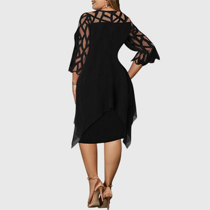 Elegant Chiffon Midi Dress for Women with Lace Yoke Long Sleeve Handkerchief Hem Formal Wedding Guest Style