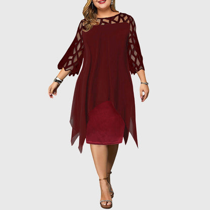 Elegant Chiffon Midi Dress for Women with Lace Yoke Long Sleeve Handkerchief Hem Formal Wedding Guest Style