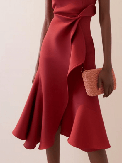 Elegant Draped Midi Dress for Women with Round Neck Sleeveless Asymmetrical Ruffle Flowing Style