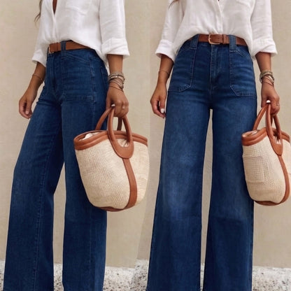 Effortless Relaxed Dark Blue Wide Leg Jeans for Women with High Waist Belted Style