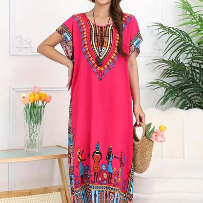 Effortless Dashiki Print Kaftan Dress for Women with V Neck Short Sleeve Relaxed Bohemian Style