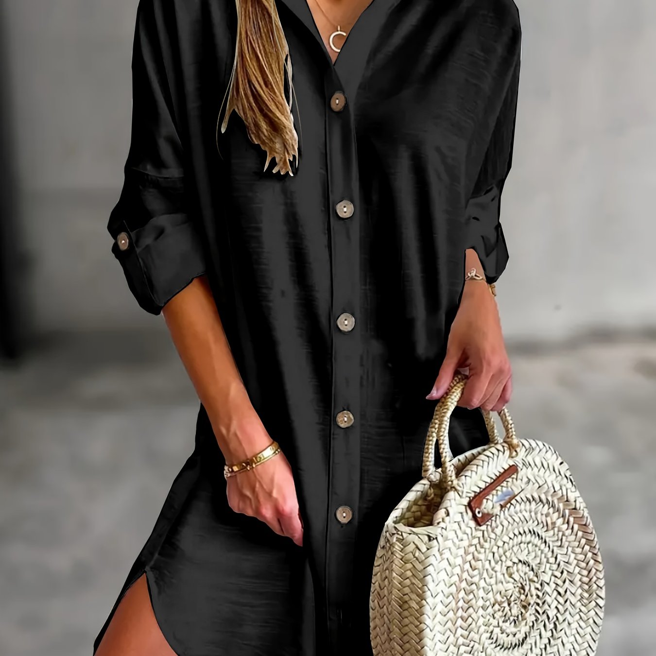 Effortless Button Front Shirt Dress for Women with Collar Long Sleeve Relaxed Oversized Style