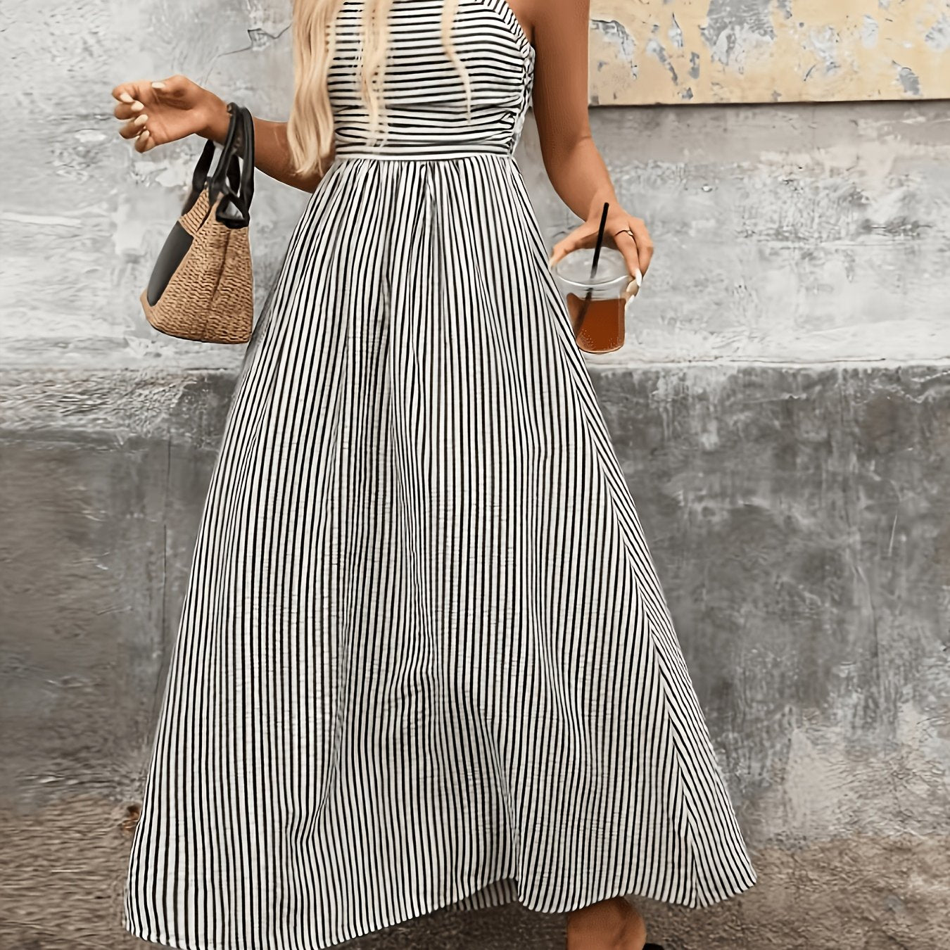Elegant Black and White Striped Maxi Dress for Women with Square Neck Sleeveless Smocked High Low Style