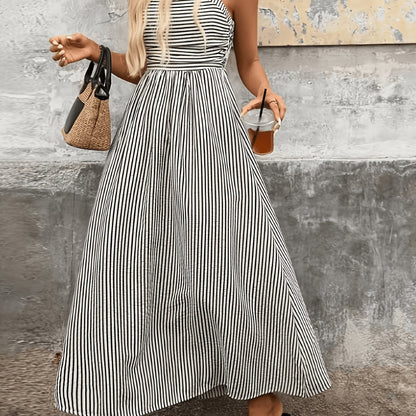 Elegant Black and White Striped Maxi Dress for Women with Square Neck Sleeveless Smocked High Low Style
