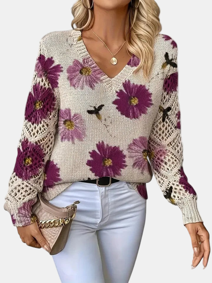 Comfortable Floral Print Sweater for Women with V Neck Long Sleeve Crochet Lace Oversized Knit Style