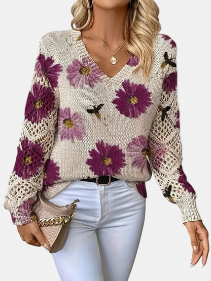 Comfortable Floral Print Sweater for Women with V Neck Long Sleeve Crochet Lace Oversized Knit Style