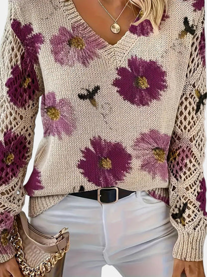 Comfortable Floral Print Sweater for Women with V Neck Long Sleeve Crochet Lace Oversized Knit Style
