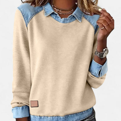Effortless Denim Colorblock Sweatshirt for Women with Shirt Collar Long Sleeve Raglan Contrast Casual Style